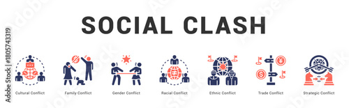 Social Clash Modern and clean web banner illustration featuring thematic icons for visual communication