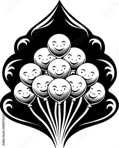 SVG cute Merry Christmas and Happy New Year design. Smiling Balloons Design with Artistic Background in Black and White