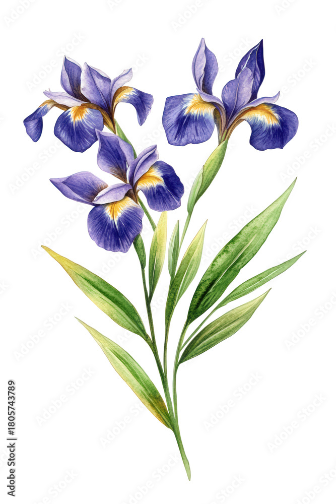 Naklejka premium Elegant watercolor painting of three purple iris flowers with green leaves, isolated on transparent background, showcasing the beauty of natures floral artistry