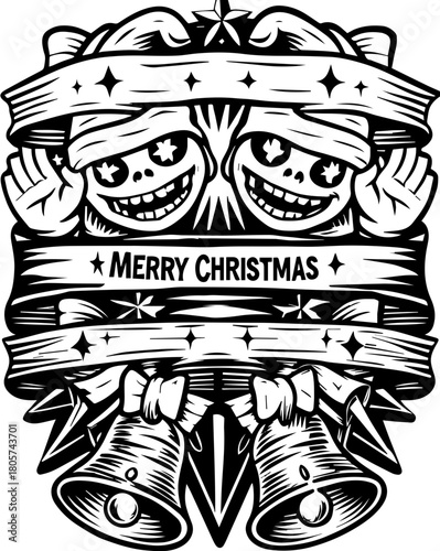 SVG cute Merry Christmas and Happy New Year design. Festive Skeletons Celebrate Merry Christmas with Joyful Decorations