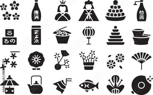 Japanese culture icons include sake bottle, flowers, lantern, dumplings, and fan on transparent background