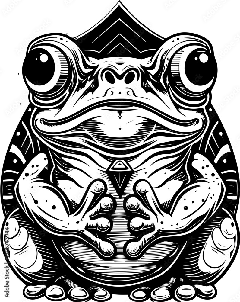 Obraz premium SVG cute Merry Christmas and Happy New Year design. Stylish Black and White Illustration of a Frog with Unique Features