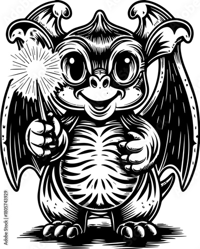 SVG cute Merry Christmas and Happy New Year design. Cute Cartoon Dragon Character Holding Sparkler with Happy Expression