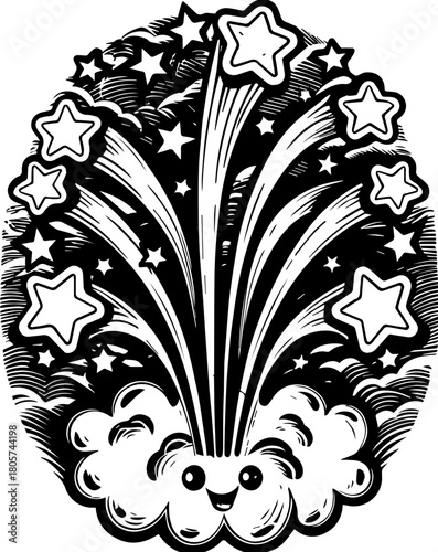 SVG cute Merry Christmas and Happy New Year design. Cheerful Cartoon Fireworks with Stars and Smiling Cloud Character