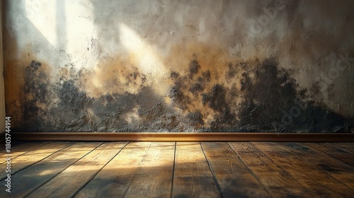 eerie sunlit empty room with wooden floor and mold-stained plaster wall showing damp decay and peeling paint