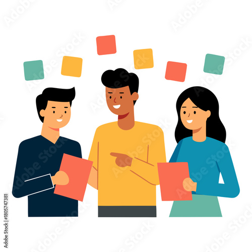 Diverse Coworkers Brainstorming with Sticky Notes Cartoon Vector