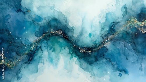 Abstract blue alcohol ink art with gold vein, fluid marble background in teal and navy with white negative space