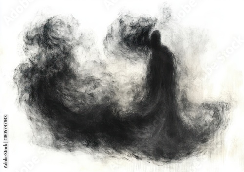 Solitary hooded silhouette formed of swirling smoke and charcoal strokes, an eerie monochrome apparition evoking mystery, melancholy and quiet contemplation