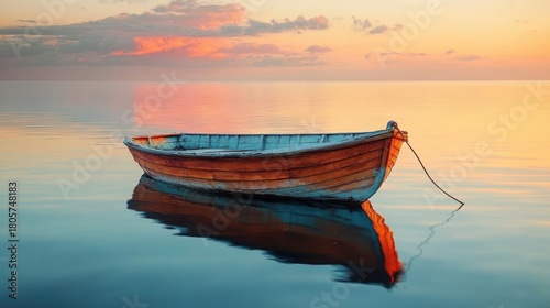 tethered wooden rowboat floating on glassy water at pastel sunset with soft clouds and warm reflection, evoking calm solitude