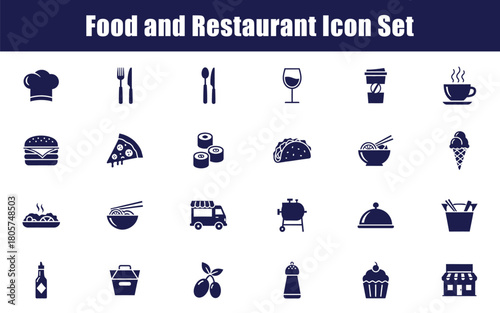 Collection of dark blue food and restaurant icons on white background cooking