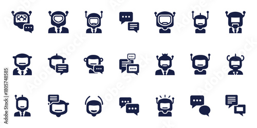 Dark Blue Robot Icons with Chat Bubbles and Suits chatbot support