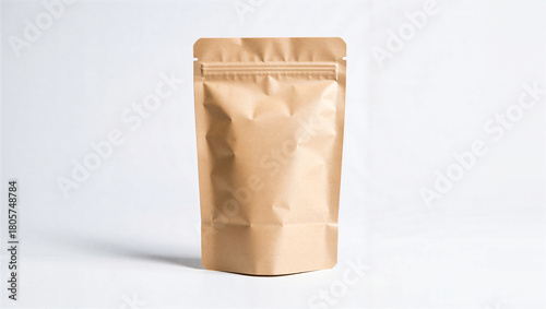 Brown paper bag with zipper isolated on white background for food packaging mockup template