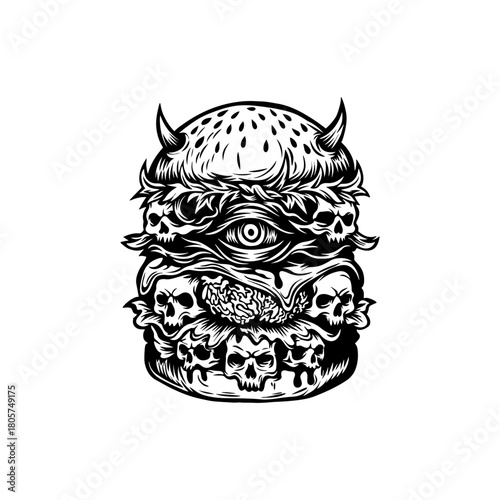 Hand drawn black and white death burger illustration