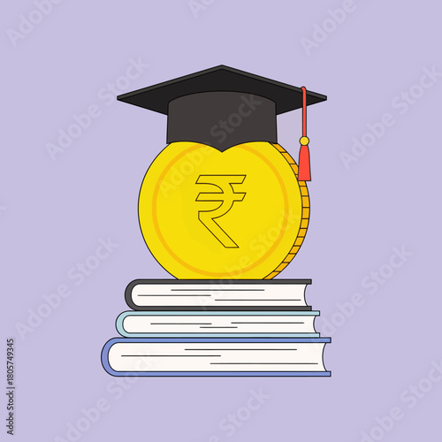 Scholarship Coin: A visual representation of financial aid and education, where a gold coin, adorned with a rupee symbol, dons a graduation cap atop a stack of books.