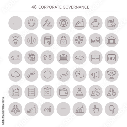 Corporate Governance Icon Array: A comprehensive collection of meticulously crafted corporate governance icons, each representing key principles and elements of responsible business practice.
