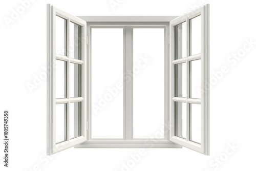 A beautifully designed white window with open shutters. allowing natural light to flood in. creating a bright and airy atmosphere. perfect for enhancing indoor spaces and home decor