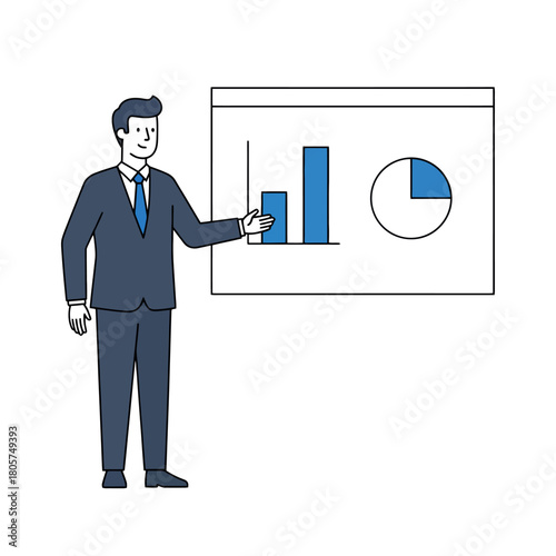 Business Presentation: A confident professional stands before a screen displaying financial graphs, presenting a detailed analysis of data and insightful information.