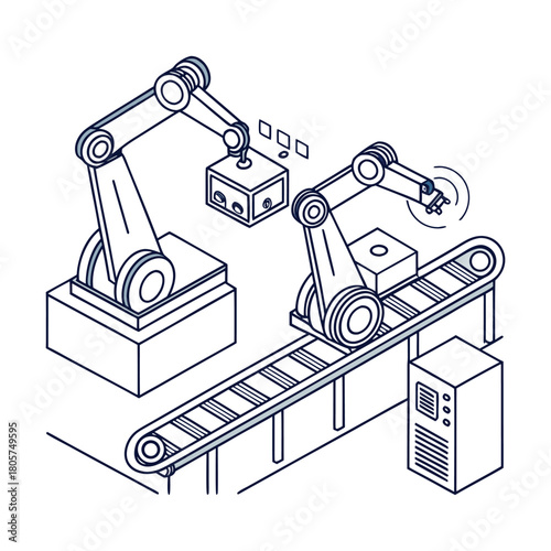 Isometric illustration of robotic arms working on an assembly line, isolated on represents automation and modern manufacturing