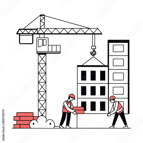 Illustration of construction workers building a highrise building with a crane, isolated on, depicting teamwork and urban development