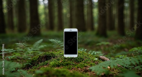 Smart Tech in Nature's Embrace: A sleek mobile device rests on a bed of vibrant moss, framed by the towering trunks of a serene forest, merging modern technology with the tranquility of nature.