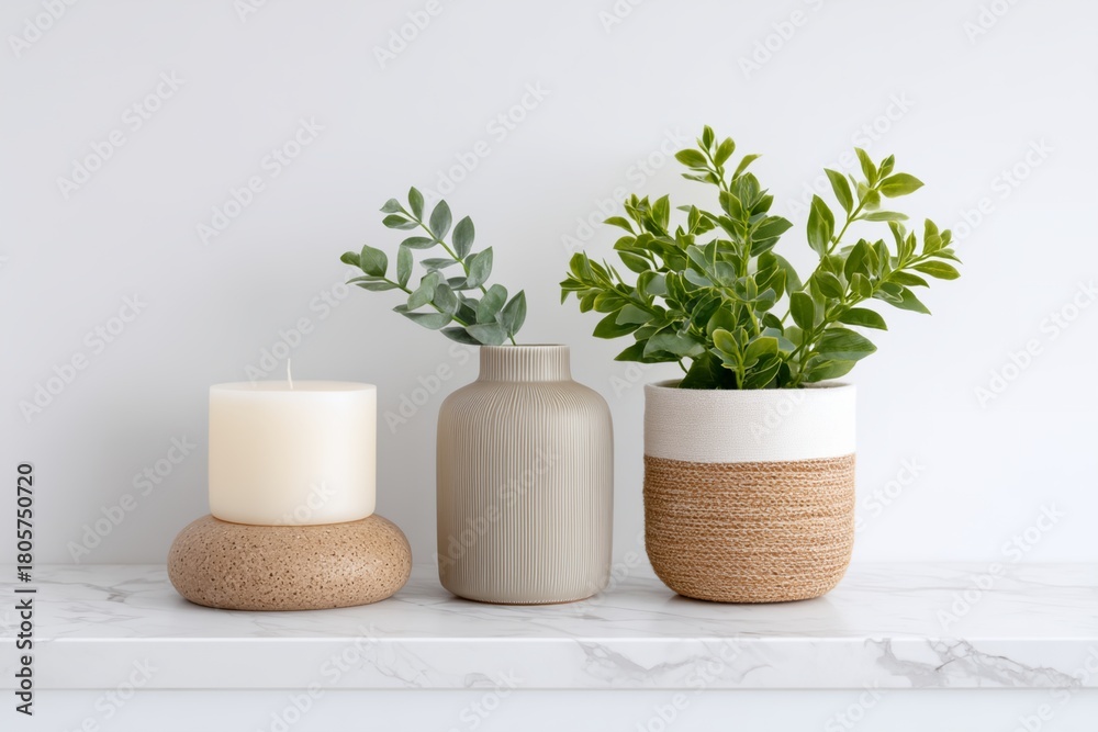 Fototapeta premium Three vases with candles and plants on a white shelf