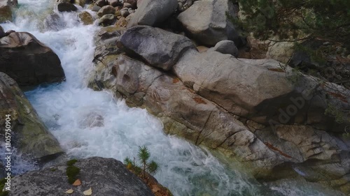 Footage of a pristine mountain river cascading over large rocks and boulders in the North Caucasus region of Russia. The clear, fast flowing water creates a dynamic and powerful scene, surrounded by l