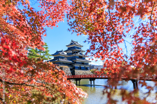 紅葉に囲まれた秋の松本城と美しい水辺の風景