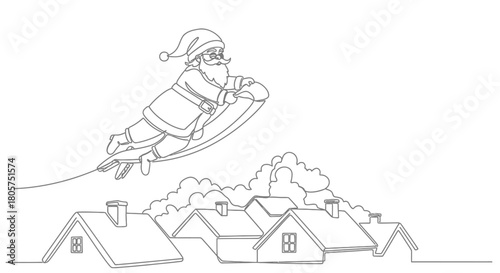 Minimalist illustration of Santa Claus flying on a sleigh over snowy rooftops showing the