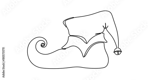 Continuous line drawing of an elf shoe with a bell creating a whimsical design