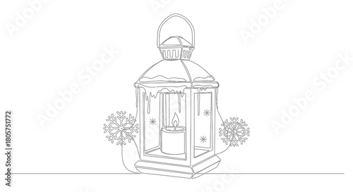 Elegant winter lantern illustration, with snowflakes, in minimalist single line drawing style