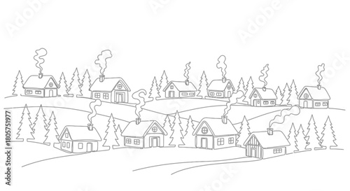 Serene winter village line art illustration with cozy homes and snow-covered pine trees offering a