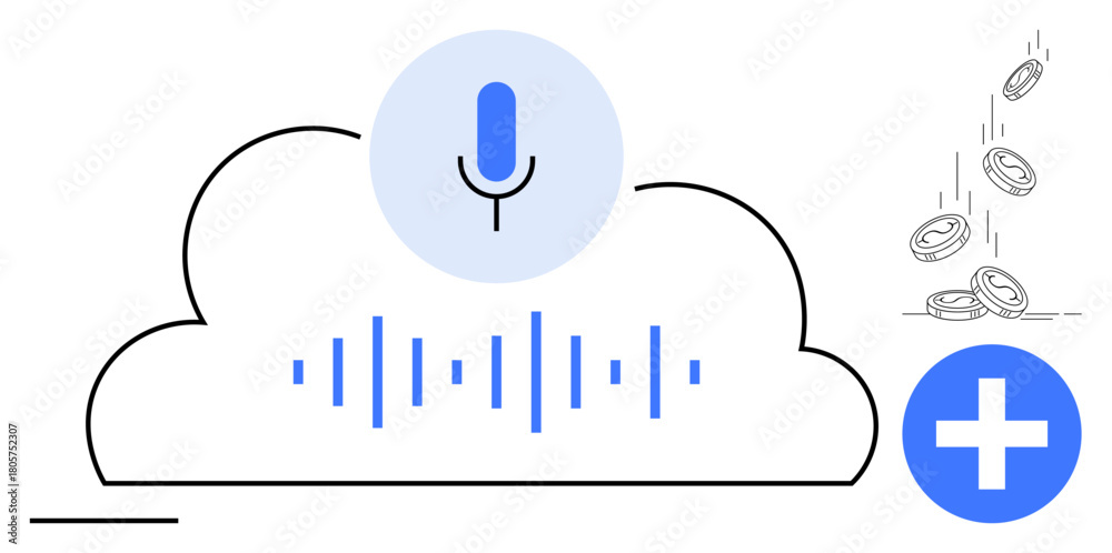 Fototapeta premium Microphone in a cloud, sound waves, coins falling, and a plus sign. Ideal for technology, finance, data sharing, innovation communication automation digital services. Simple flat metaphor