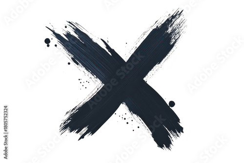 A bold black brushstroke forming an X shape on a pristine white background. symbolizing creativity and artistic expression. suitable for design projects or modern art concepts