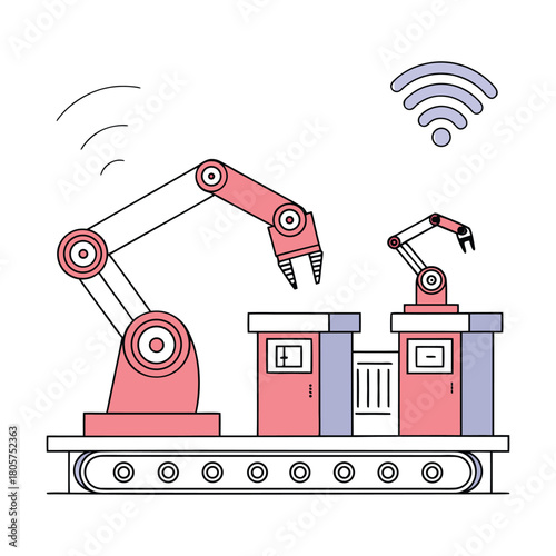 Illustration of robotic arms working on a conveyor belt with wireless signals, representing automation, technology, and modern manufacturing processes in industry