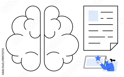 Brain with hemispheres, document, and person highlighting on tablet. Ideal for education, creativity, knowledge sharing, technology, innovation neuroscience content creation. Simple flat metaphor