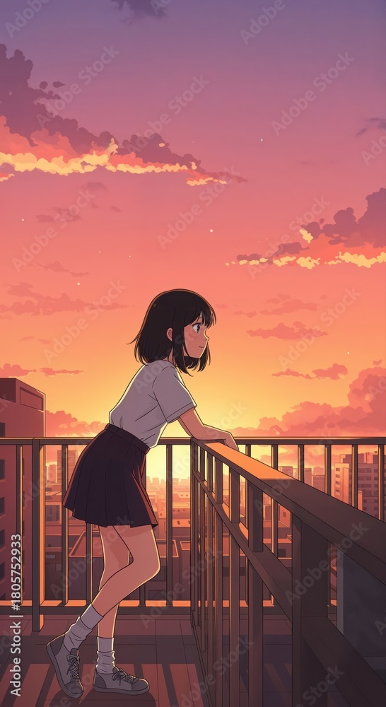 Fototapeta premium Contemplation Under Sunset's Embrace: A solitary figure, bathed in the soft hues of a sunset, leans upon a balcony rail, lost in thought against a vibrant sky.