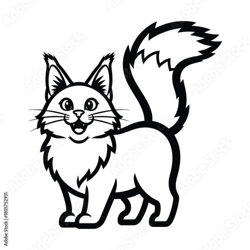 Happy fluffy cat standing with a big bushy tail