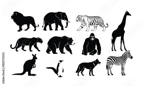 Collection of black silhouette wildlife animals including lion elephant tiger gorilla giraffe kangaroo zebra