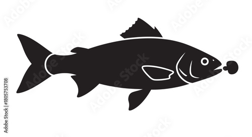 Black silhouette of a fish with a lure in its mouth on a white background