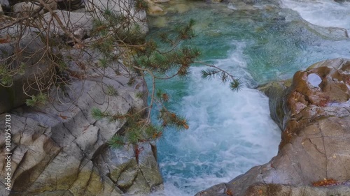 A shot of a clear, fast flowing mountain river cascading over rocks in a scenic gorge. The turquoise water rushes over smooth stones, surrounded by rugged, natural rock formations and lush green folia