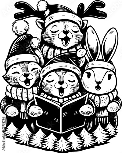 SVG cute Merry Christmas and Happy New Year design. Cute Cartoon Animals Singing Christmas Carols in Winter Scene