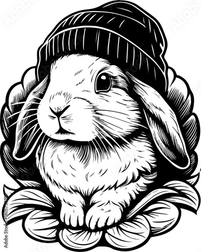 SVG cute Merry Christmas and Happy New Year design. Adorable Bunny Wearing Beanie Hat Surrounded by Floral Design