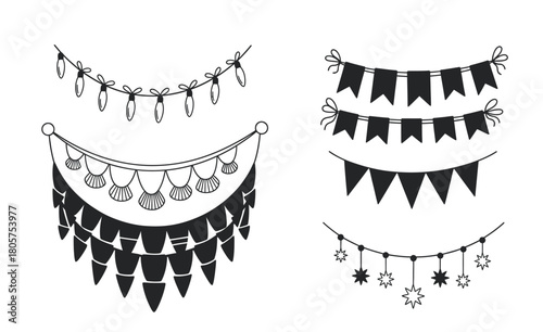 Set of four decorative black and white bunting garlands and pennants for celebrations and parties