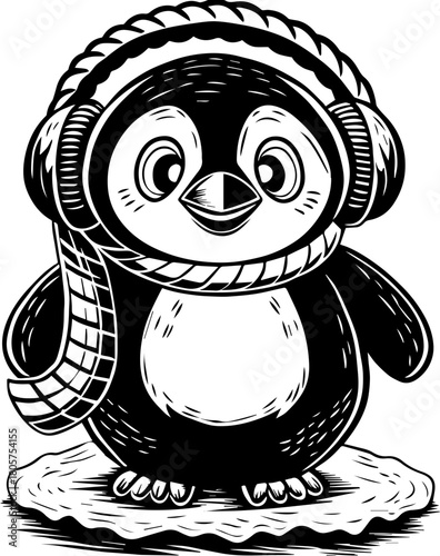SVG cute Merry Christmas and Happy New Year design. Cute Penguin in Headphones and Scarf Enjoying Winter Vibes