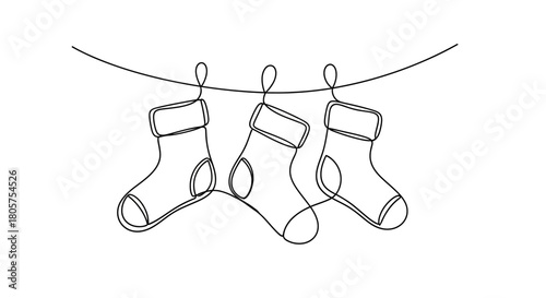 Festive Christmas Stockings Hanging in a Line, Drawn with a Single Continuous Line Style