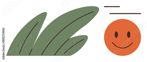Cheerful orange smiling face beside abstract green leaves with motion lines. Ideal for themes thumbs up nature, health, wellness, sustainability, mindfulness, environment, positivity. A simple flat