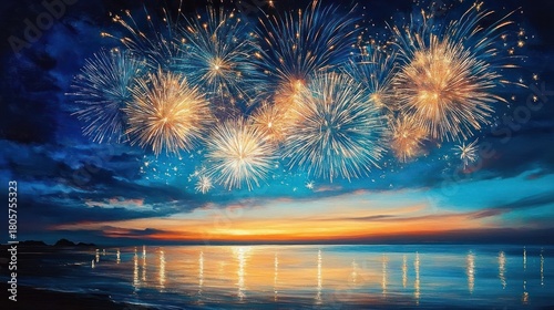 golden and blue fireworks bursting over a tranquil ocean at sunset with glowing reflections on calm water and a silhouetted coastline, evoking celebration and awe