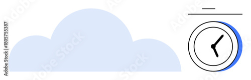 Light blue cloud and simple clock highlight cloud computing, data synchronization, time management. Ideal for technology, productivity, efficiency, planning, digital storage modern life. Simple flat