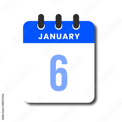 Flat vector calendar icon for January 6 with blue header, modern minimalist design for UI use.