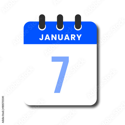 Flat blue January 7 calendar icon, clean minimalist style for planner, business, or app design.